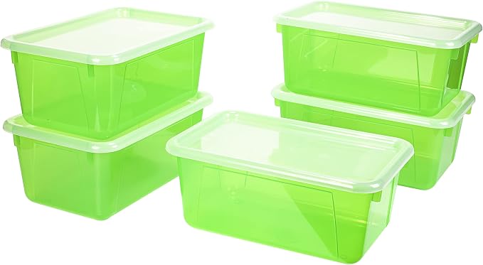 Storex Small Cubby Bins – Plastic Storage Containers for Classroom with Non-Snap Lid, 12.2 x 7.8 x 5.1 inches, Tint Green, 5-Pack (62483U05C) by Storex