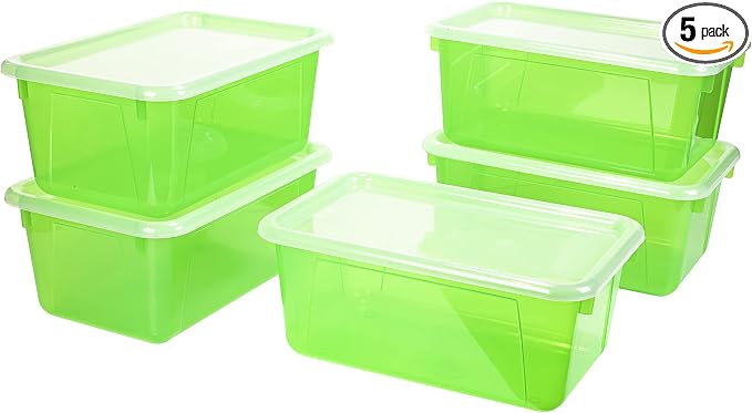 Storex Small Cubby Bins – Plastic Storage Containers for Classroom with Non-Snap Lid, 12.2 x 7.8 x 5.1 inches, Tint Green, 5-Pack (62483A05C) by Storex