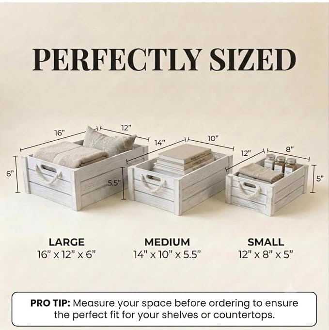 Set of 3 White Wooden Crates with Rope Handles, Nesting Decor Storage Boxes | Rustic Farmhouse Organizer for Kitchen, Living Room, Bathroom, or Pantry. Nesting Design Keeps Shelves Tidy. - Image 2