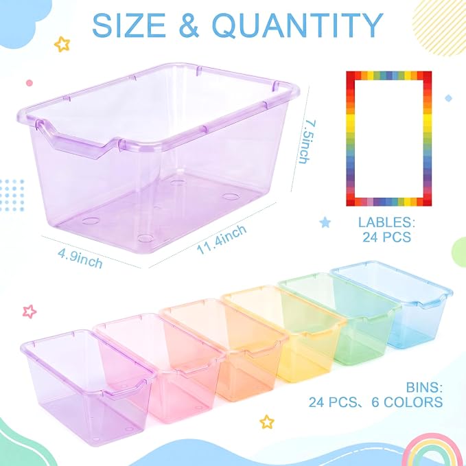 Funrous 24 Pack Plastic Cubby Bins for Classroom, Stackable Storage Bins with Rainbow Labels and Handles Cubby Organizer Containers for Teacher Supplies Home Office Daycare and Playroom (Pastel) - Image 2