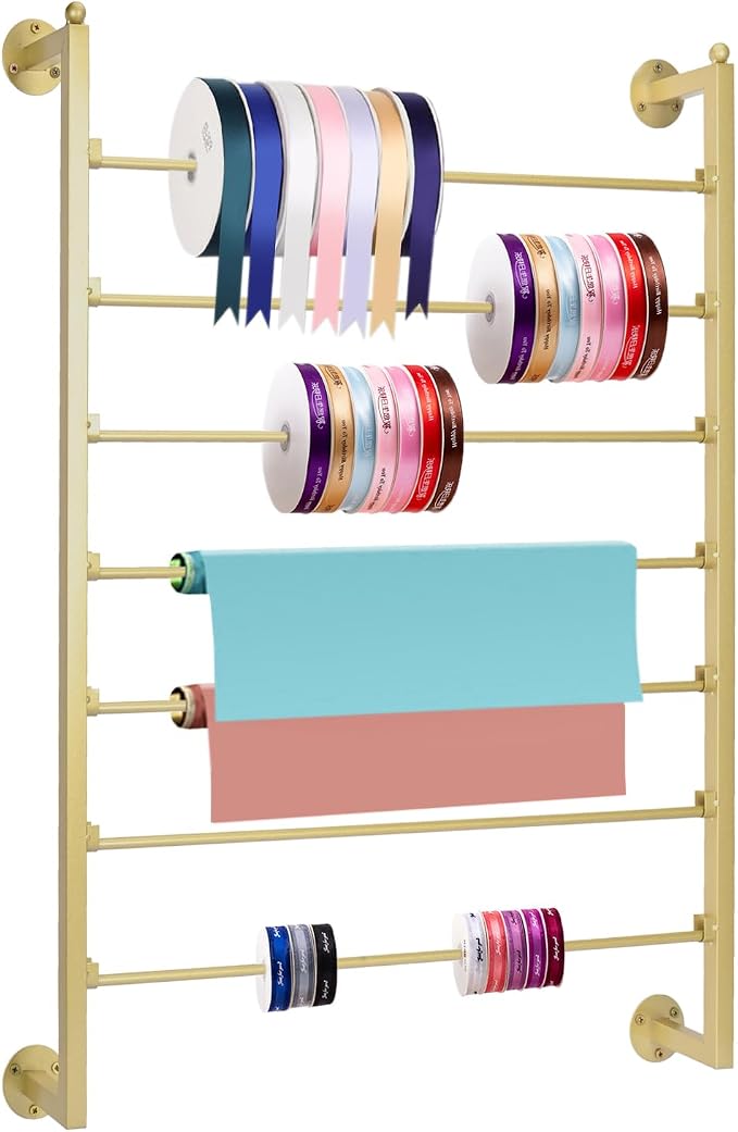 Yonynise Ribbon Storage Organizer,31.5-inch Width Wall Mounted Ribbon Holder Rack,7 Tier Large Capacity Metal Ribbon Storage for Craft Room,Flower Shop,Cake Shop,Gift Wrapping Paper,Golden by Unknown