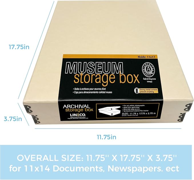 Lineco Museum Archival Storage Box, Drop Front, 11.75x17.75x3.75 in, Tan | Acid-Free with Metal Edge, Preserves Picture Longevity, Organize Photos, Newspapers, Prints, Documents, Crafts, DIY - Image 2