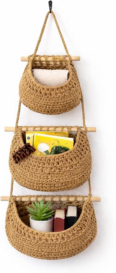 Hanging Wall Basket (3-Tier) Organizer – Cotton Rope Wall Storage for Bathroom, Kitchen & Nursery – Detachable Baskets + No-Drill Adhesive Hooks Included (Renter Friendly) by MOHITARO
