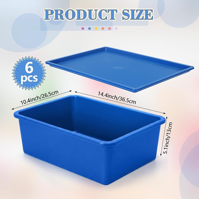 6 Pcs Large Plastic Storage Bins with Lids, Colorful | 14.4 x 10.4 x 5.1 Inch, Stackable Storage Containers, Decorative Cubby Organizer for Clothes Shelves Garage Closet Office - Image 2
