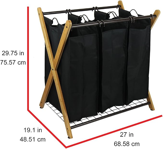 Oceanstar XBS1484 Bamboo 3-Bag Laundry Sorter Black, 29.75 in. H x 19.10 in. W x 27 in. - Image 4