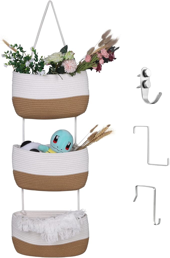 Over the Door Organizer, Honizer Wall Hanging Storage Basket, 3-Tier Cotton Rope Woven Hanging Baskets for Organizing, Nursery, Bedroom, Bathroom, Living Room- Jute&White (3 Hooks included) by HONIZERCOLTD