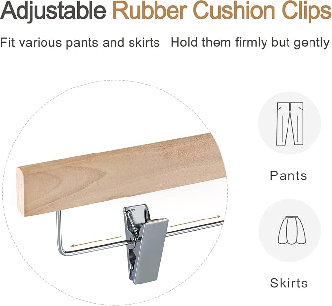 TOPIA HANGER Natural Unfinished Wood Pants Hangers, Wooden Skirt Hanger with Adjustable Clips, 360° Swivel Anti-Rust Hook, Smooth Finish Wood for Trousers 10 Pack-CT10PN - Image 4