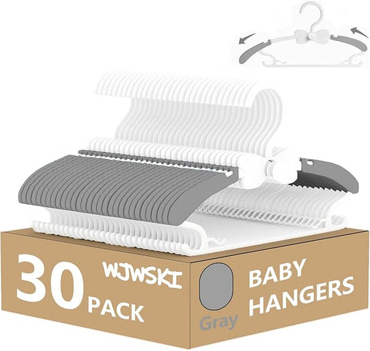 WJWSKI Kids Hangers for Closet, 30 Pack Baby Clothes Hanger, Adjustable Toddler Hangers for Boy Nursery, Cascading Plastic Perchas for Newborn Babies Children Infant, Space Saving Perchas Bebés, Grey by WJWSKI