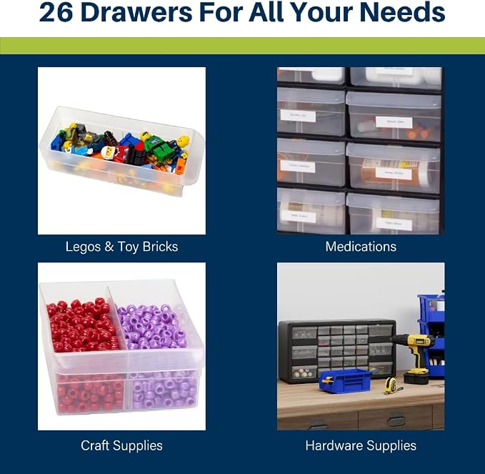 Akro-Mils 26-Drawer Plastic Drawer Storage Cabinet for Garage Organization, Bead Organizer, Building Bricks Storage, Teacher Toolbox, Makeup Organizer, 20-Inch W x 6-Inch D x 10-Inch H, 10124 White - Image 4