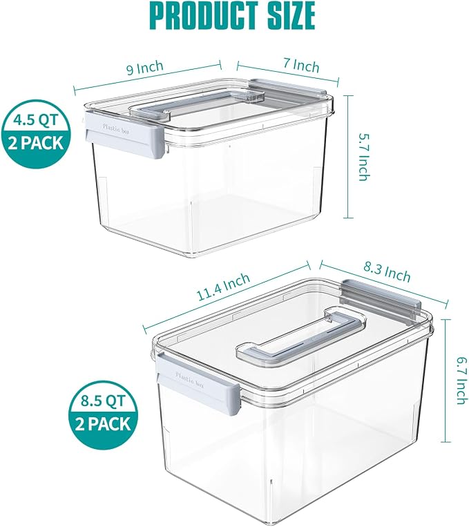 Plastic Storage Bins with Lids Stackable organization and Storage Containers for Organizing Snacks, Crafts, Tools Clear Storage Box with Latching handle(Clear, 2PCS-4.5QT 2PCS-8.5QT) - Image 4