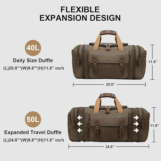 Waxed Canvas Duffel Bag 50L, Army Green | Waterproof, Travel, Overnight, Weekender - Image 3