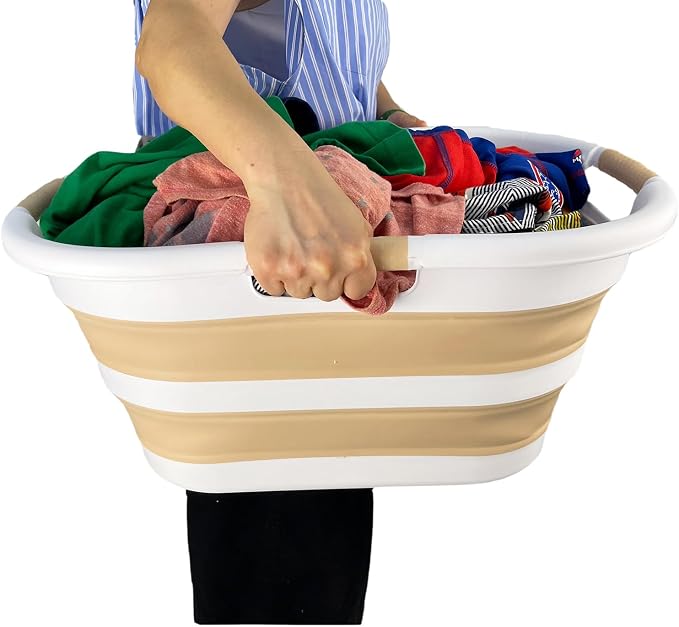 SAMMART 40L (10.5 gallon) Set of 2 Collapsible Plastic Laundry Hamper - Foldable Pop Up Storage Container/Organizer - Portable Washing Tub - Space Saving Basket (2, White/Beige) - Image 6