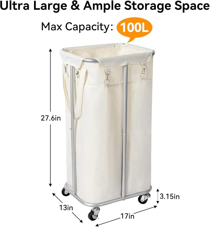 WOWLIVE 100L Rolling Laundry Basket with Wheels, Tall Laundry Hamper | Laundry Cart with Steel Frame and Removable Bag, Foldable Dirty Clothes Hamper for College Dorm, Laundry Storage, Light Beige - Image 4