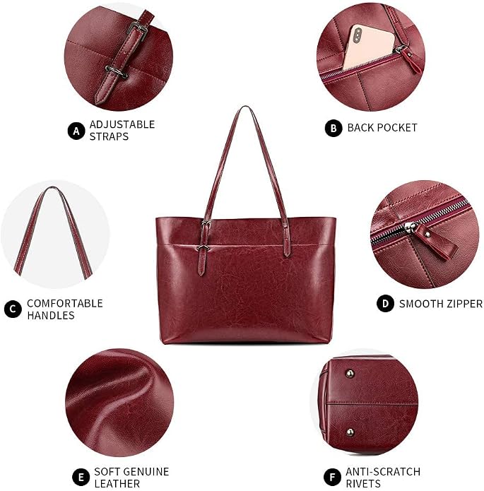 Kattee Vintage Genuine Leather Tote Shoulder Bag for Women | Genuine leather tote with adjustable straps, 7 pockets, and room for a 14-inch laptop, ideal for work and travel. - Image 6