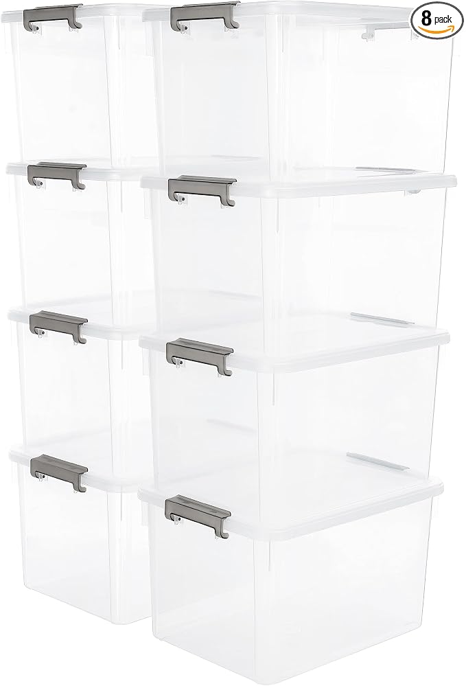 Citylife 32 QT Plastic Storage Bins with Latching Lids Stackable Storage Containers for Organizing Large Clear Storage Box for Garage, Closet, Kitchen, 8 Packs by CITYLIFEHomeOrganization