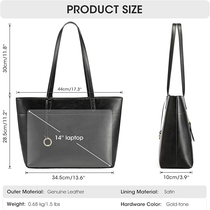 Kattee Vintage Genuine Leather Work Tote for Women | Spacious interior with a zip compartment for organized work, travel, and everyday essentials. - Image 5