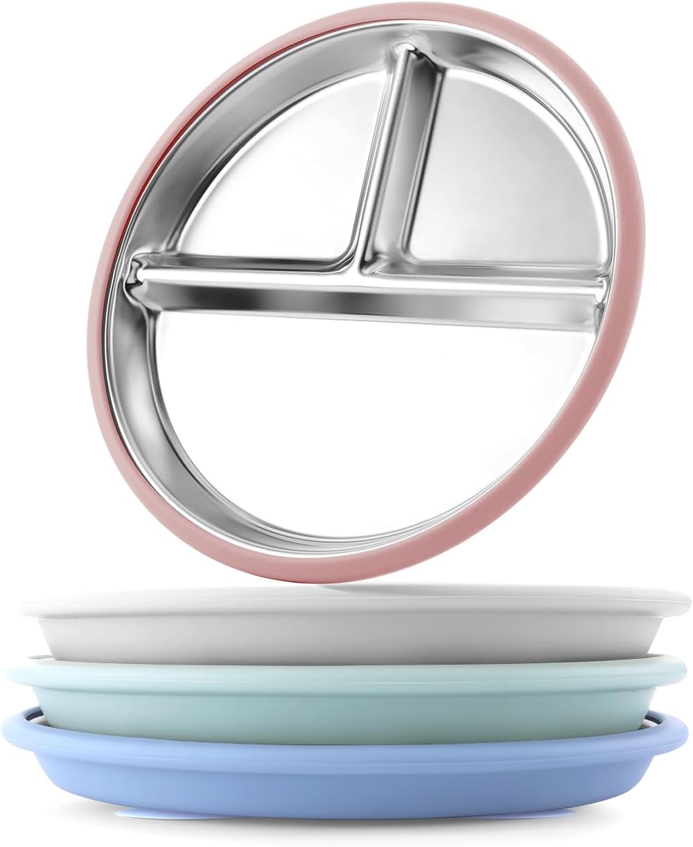 Stainless Steel Toddler Plate with Suction, 8” Divided Plates with Removable Silicone Sleeves for Baby, Non Toxic Unbreakable Kids Snack Dishes Set of 4, Sage Blue Gray Blush