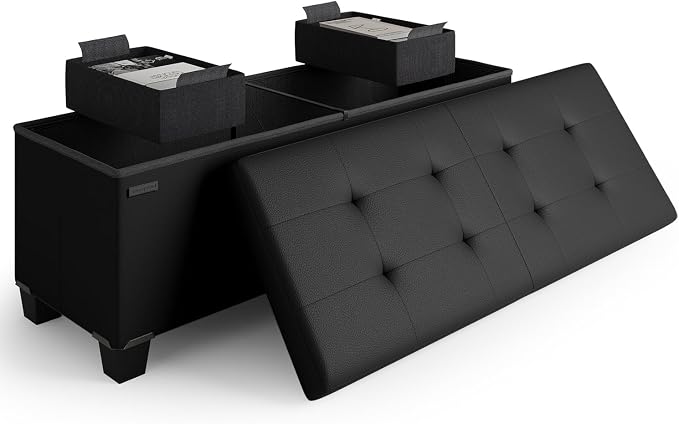Storage Ottoman Bench with Bins, 43-in Storage Bench for Bedroom End of Bed, Folding Foot Rest Ottoman for Living Room Max 660lbs, Faux Leather Ottomans, Black by STORAGEBUD