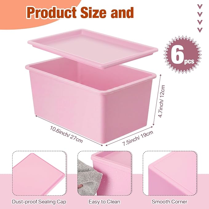 6 Pcs Small Plastic Storage Bins with Lids,Pink, Purple, Orange - Image 2