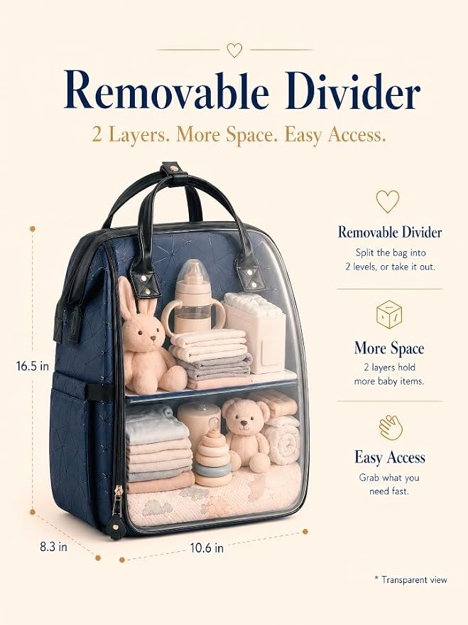 Diaper Bag Backpack, Unisex PU Leather, Very Dark Navy Blue, 16 Pockets, Insulated 3-Bottle Front, Removable Divider, Rear Zip Access, Wipes Dispenser, Stroller Straps, Luggage Sleeve - Image 6