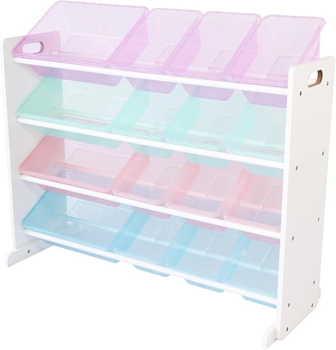 Humble Crew Kids Toy Organizer with 16 Bins, 4 Tier Storage for Playroom | Sturdy wood and steel toddler shelf, removable BPA-free containers, wall anchor anti-tip safety kit for bedroom or classroom by HumbleCrew