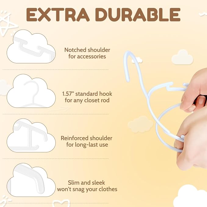 VILICK Kids Plastic Hangers, Baby Clothes Hangers for Closet 150 Packs Non-Slip Toddler Hangers for Infant Child Clothing, Small Children, for Pants Coats Skirts (White) - Image 3