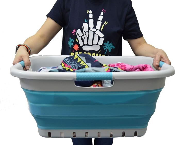 SAMMART 41L (10.8 gallon) Set of 2 Collapsible 3 Handled Plastic Laundry Basket-Foldable Pop Up Storage Container/Organizer-Space Saving Hamper/Basket (2, Grey/Bright Blue) - Image 6