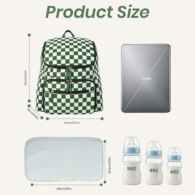 FHELAD Checkered Diaper Bag Backpack with Changing Pad & Stroller Clips | Baby Diaper Bag, Baby Shower Gifts, 4 Insulated Bottle Holders, Wet Wipe Pocket, Luggage Strap - Image 2