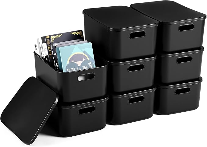 8 Pack Storage Bins, 13.8 X 9.8 X 5.9 Inch Black | Plastic Stackable Containers with Lid Handle, For Shelves Desktop Playroom Office, Organizing Toys Books Supplies Storage by Hoolerry