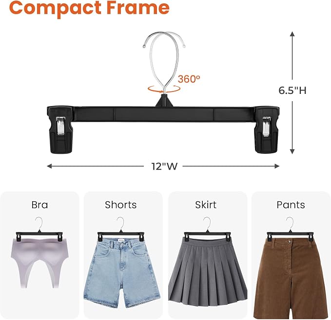 HOUSE DAY Black Pants Hangers with Clips 30 Pack, 12 Inch Skirt Hangers | Non-slip clips hold trousers, skirts, shorts and jeans; 360° swivel hook allows easy access for everyday adult wardrobes - Image 2