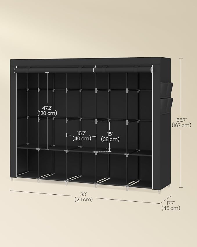 SONGMICS Portable Closet, Wardrobe Closet Organizer with Cover, 5 Hanging Rods and Shelves, 4 Side Pockets, 17.7 x 83 x 65.7 Inches, Large Capacity for Bedroom, Living Room, Ink Black URYG095B01 - Image 6