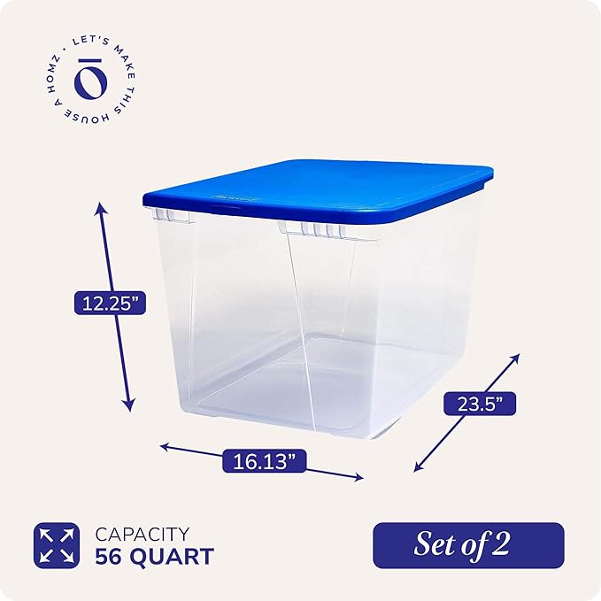 HOMZ 2-Pack Snaplock, Large Clear Plastic Storage Organizer Bins w/Lids, 56 Quart, Blue - Stackable Container Boxes for Bedroom, Bathroom, Garage, and Office Organization - Image 4