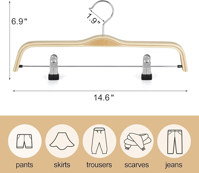 TOPIA HANGER Wooden Pants Hangers,Slim Natural Wood Skirt Hangers with Anti-Rust Hook and Adjustable Metal Clips, Perfect for Skirts, Pants, Slacks-20 Pack-CT17N20 - Image 3