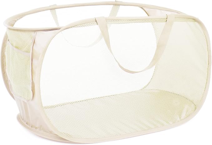 Durable Collapsible Laundry Baskets, Mesh Pop Up Laundry Hamper with Side Pocket, Foldable Clothes Storage Hamper with Reinforced Carry Handles for Laundry, Bathroom, Kids Room, Dorm or Travel Beige by Bemkoo