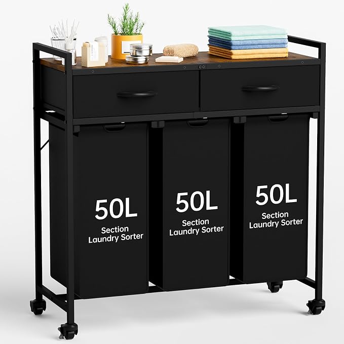 Laundry Sorter with 3 Section Pull Out Bags Rolling Laundry Basket Organizer with 2 Drawers Laundry Hamper with Shelves and Wheels for Laundry Room, Bathroom, Bedroom Organization (1 Tier) by NATURESSOURCE