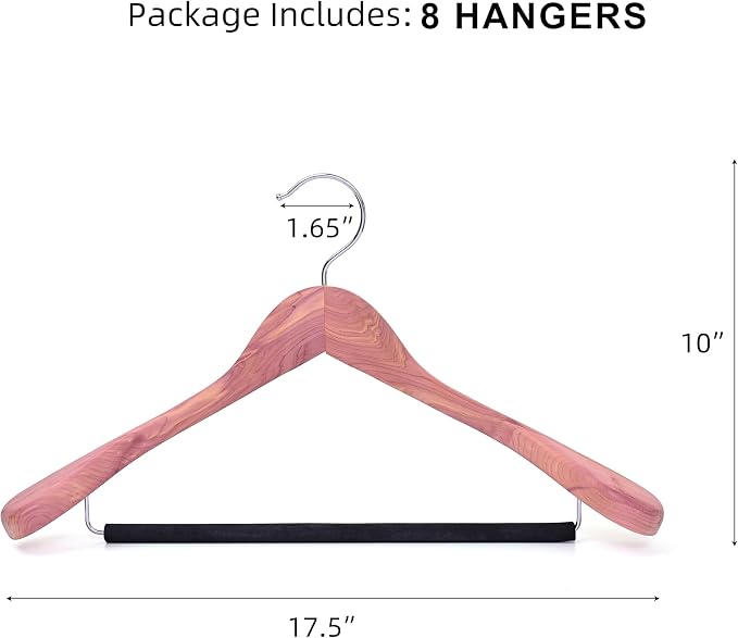 8 Pack Unfinished American Red Cedar Wooden Coat Suit Hangers with Extra Wide Shoulder, Wood Jacket Clothes Hanger with Non Slip Black Padded Pant Bar- 360°Flexible Hook, Natural - Image 4