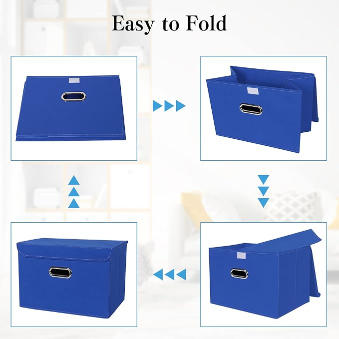 STOREONE Fabric Storage Cube Bins Foldable Organizer Container Collapsible Basket with Lids and Metal Handles, for Home, Bedroom, Closet 3 Pcs (Dark Blue) - Image 6
