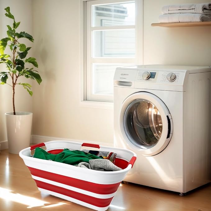 SAMMART 21L (5.5 Galloons) Collapsible Plastic Storge Basket - Foldable Pop Up Storage Container/Organizer - Portable Washing Tub - Space Saving Hamper/Basket (White/Viva Magenta) - Image 2