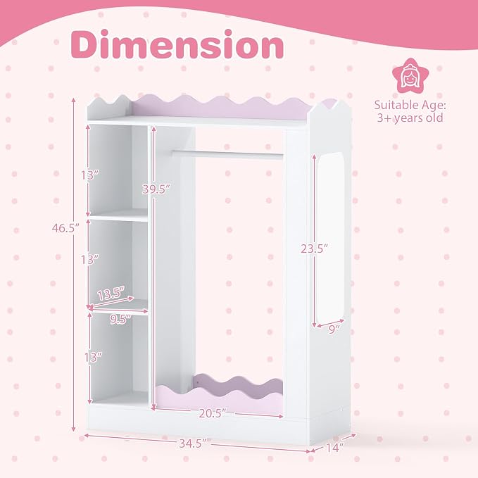 Costzon Kids Dress Up Storage with Mirror, Children Wardrobe Closet with Open Hanging Rack, Shelves and Cabinet, Kids Armoire Costume Organizer for Bedroom, Kids Room, Playroom, Preschool (White) - Image 3