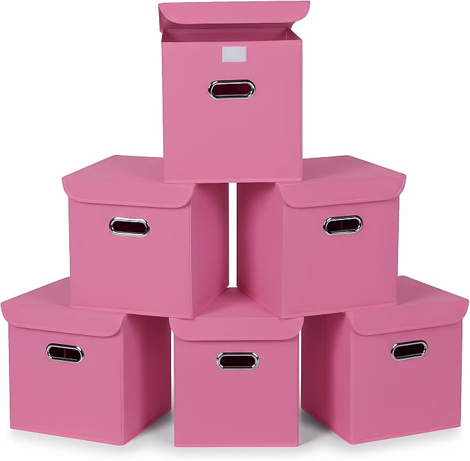 Closet Organizers Fabric Storage Bins With Lids Collapsible Cube Storage Organizer Basket With Handles,Storage Boxes for Clothes Storage,Office,Laundry,Shelves,6 Pack,（Pink） by SEVENDOME