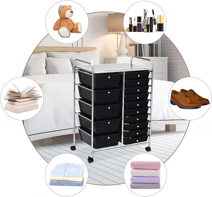 RELAX4LIFE 15 Drawer Rolling Storage Cart, Mobile Drawer Carts for Craft Art Supply Paper Salon, Utility Cart on Wheels for Classroom Teacher School Office, Rolling Cart with Drawers (Black) - Image 4