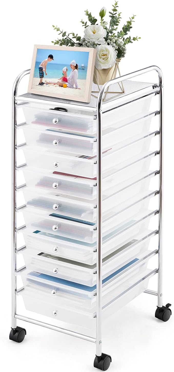 GOFLAME 10-Drawer Rolling Storage Drawer Cart, Utility Cart with Removable Drawers & Metal Frame, Mobile Art Craft Drawer Cart with Lockable Wheels for Home, Office, Studio, School, Clear by GOFLAME