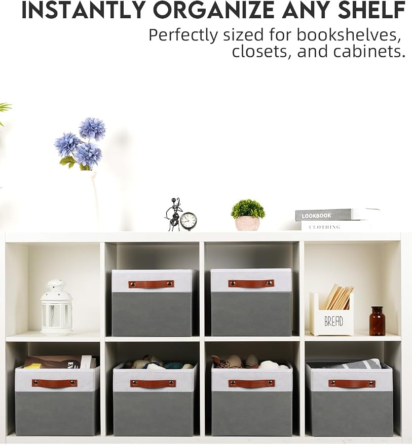 [6-Pack] Fabric Storage Bins (15x11x9.5 ) Reinforced 2.5mm Cardboard Shelf Bins with PU Leather Handles Durable Storage Baskets for Closet Organization, Toy Organizer, & Home Office White&Grey - Image 4