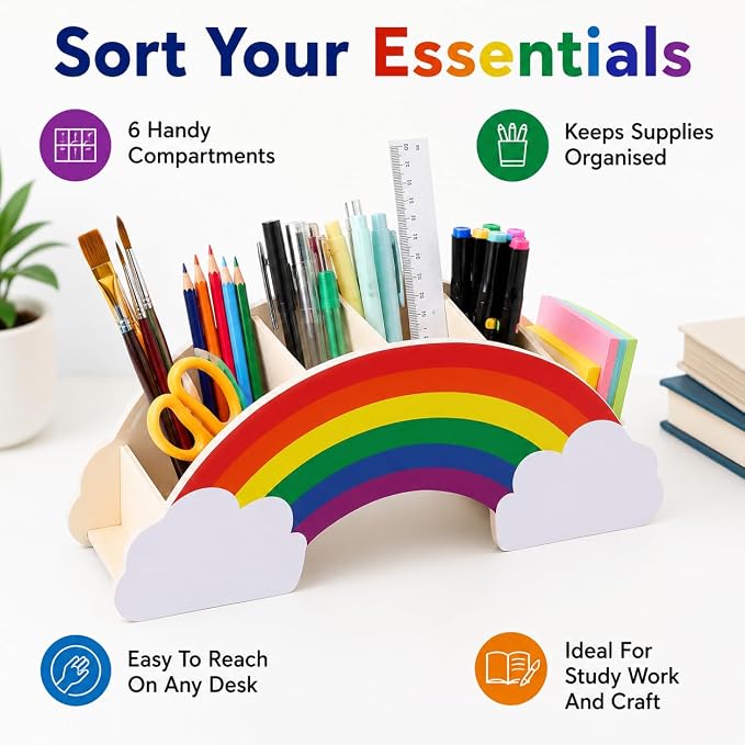 Exerz Rainbow Pencil Holder Desk Organizer with 50 Star Stickers for Kids | Pressed Wood 6 Compartments No Assembly for Pens Markers Brushes Rulers Study Craft Ideal for - Image 6