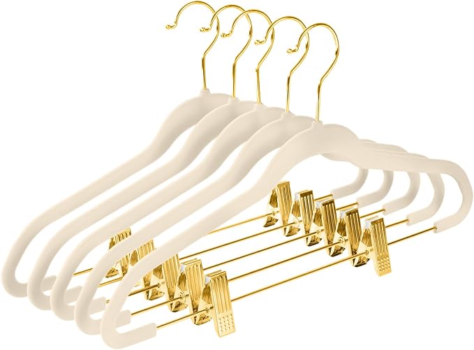 MIZGI Premium Velvet Pants Hangers with Adjustable Clips (Pack of 30) Slim Skirt Hangers- Non Slip Felt Outfit Dress Hangers Ivory - Gold Hooks,Space Saving Shirt Clothes Hangers by MIZGI
