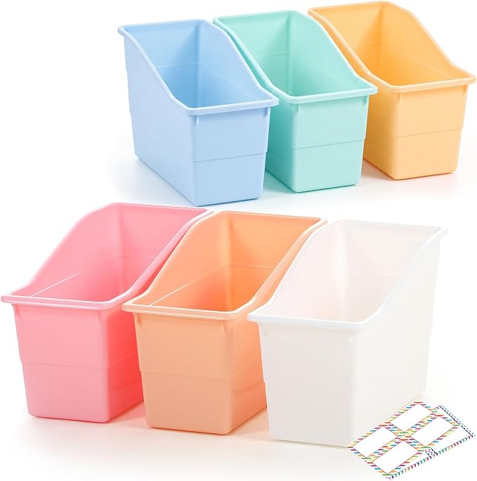 Blosssound 6 Set Book Bins for Classroom Stackable,Cloud Pastel | Plastic Baskets with Labels, Slanted Front, Library Supplies Organizers, Desktop Storage Bins, Teachers Home School Use by Blosssound