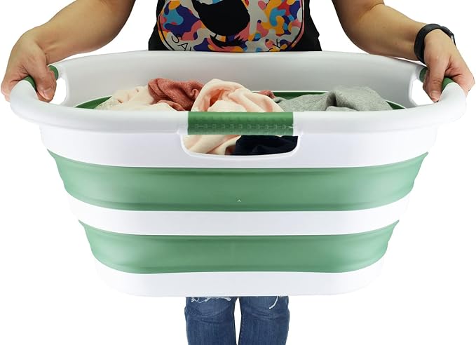 SAMMART 40L (10.5 gallon) Collapsible Plastic Laundry Basket - Foldable Pop Up Storage Container/Organizer - Portable Washing Tub - Space Saving Hamper/Basket (White/Dark Sea Green (Set of 2)) - Image 7