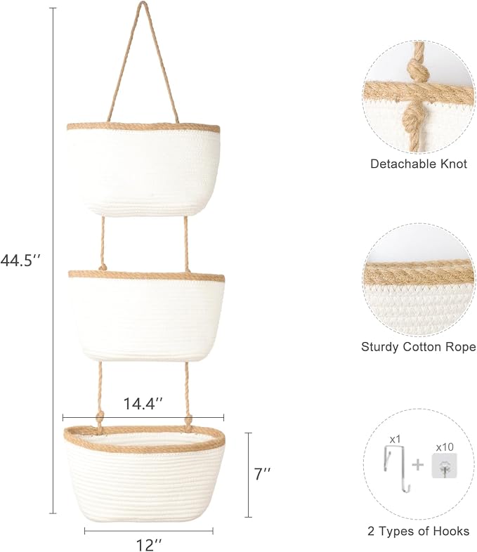 TeoKJ Over the Door Hanging Basket, 3-Tier Woven Cotton Wall-Mounted Storage Organizer Bag Decorative Hanging Nursery Baskets, White & Dark Brown - Image 2