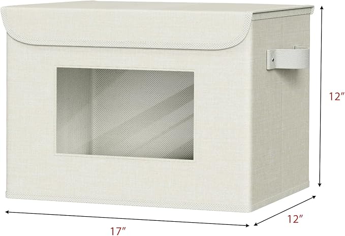 Univivi Fabric Storage Bins with Lids for Clothes 4 Pack, Beige Linen | 17 x 12 x 12 In Foldable Storage Boxes with Handles, Clear Window, Closet Organizers for Home, Bedroom - Image 2