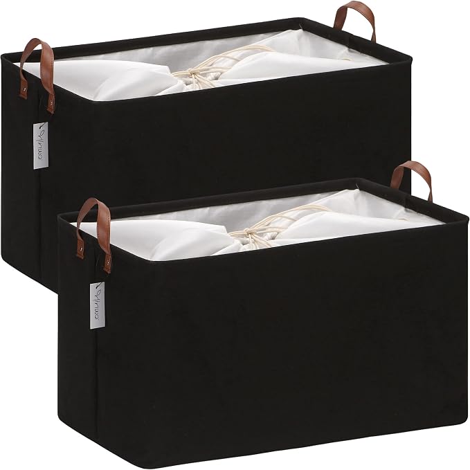 Hinwo 70L Extra Large Canvas Storage Bin with Lid and Handles, 2-Pack | Collapsible Fabric Baskets, Closet Shelf Organizers, Containers for Clothing, Blankets, Toys, Bedding (Black) by Hinwo